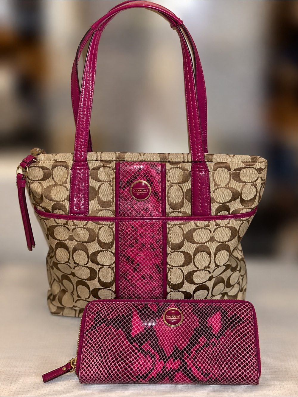 Coach signature python striped tote in raspberry with matching wallet